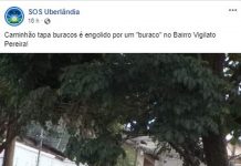 Caminhão tapa-buracos do Dmae fica preso no buraco em Uberlândia