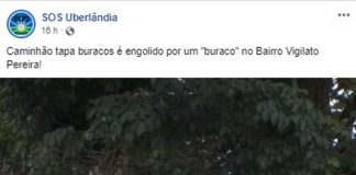 Caminhão tapa-buracos do Dmae fica preso no buraco em Uberlândia