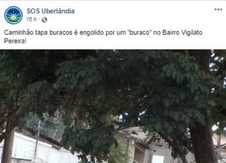Caminhão tapa-buracos do Dmae fica preso no buraco em Uberlândia