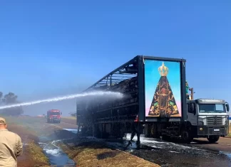 Imagem de Nossa Senhora fica intacta após fogo destruir caminhão Imagem de Nossa Senhora