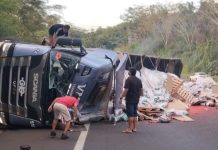 Carreta carregada com sementes tomba e bloqueia a BR-050 entre Uberlândia e Araguari Carreta carregada com sementes tomba e bloqueia a BR-050 entre Uberlândia e Araguari