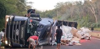 Carreta carregada com sementes tomba e bloqueia a BR-050 entre Uberlândia e Araguari Carreta carregada com sementes tomba e bloqueia a BR-050 entre Uberlândia e Araguari