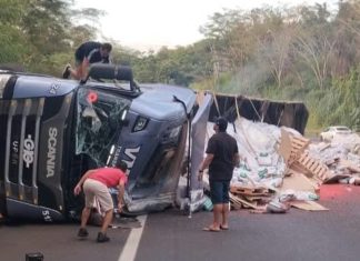 Carreta carregada com sementes tomba e bloqueia a BR-050 entre Uberlândia e Araguari Carreta carregada com sementes tomba e bloqueia a BR-050 entre Uberlândia e Araguari