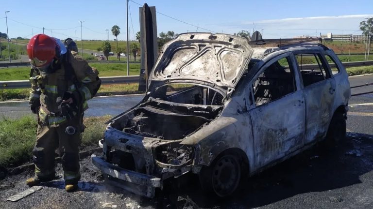 Carro pega fogo em viaduto da BR-050 e mobiliza Bombeiros em Uberlândia
