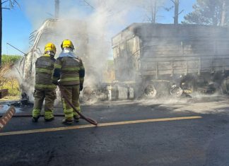 Caminhão pega fogo após pane elétrica na BR-262 Caminhão pega fogo após pane elétrica na BR-262