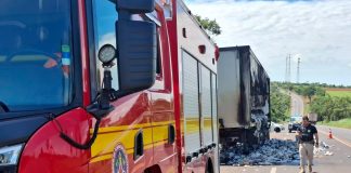Incêndio Destrói Carreta Carregada com Cerveja na BR-153, Próximo ao Prata Carreta de cerveja destruída por incêndio na BR-153