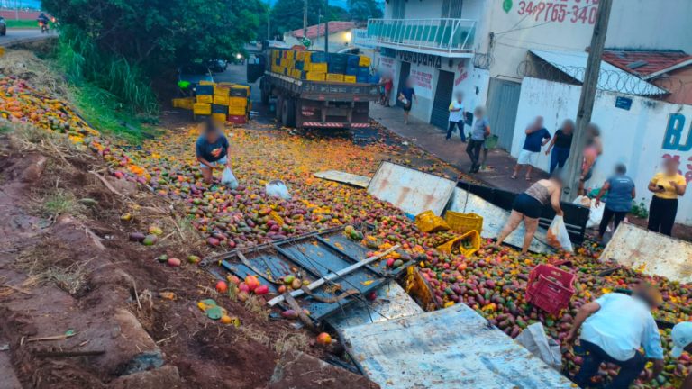 Caminhão tombado com 24 toneladas de manga em Uberaba