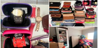 Operação Pickpockets Family: Polícia apreende 53 bolsas de grupo que visava idosos em MG Dezenas de bolsas e carteiras apreendidas pela Polícia Civil sobre uma mesa durante operação em Uberlândia