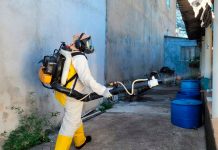 Araguari recebe reforço estadual após casos de dengue subirem 338% Agente de endemias aplicando inseticida com equipamento de fumacê em rua de Araguari.