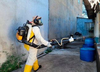 Araguari recebe reforço estadual após casos de dengue subirem 338% Agente de endemias aplicando inseticida com equipamento de fumacê em rua de Araguari.