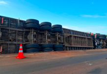 Caminhão de gado tomba e boi solto causa atropelamento em Uberaba Caminhão de transporte de gado tombado no acostamento da rodovia LMG-799 à noite, com luzes de viaturas de emergência ao fundo.