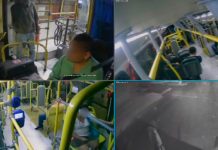 Assaltante reincidente rouba moedas de ônibus e é detido pela PM em Uberlândia Interior de um ônibus de transporte coletivo em Uberlândia com foco no painel do motorista