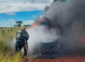 Caminhonete é consumida pelo fogo durante teste em estrada de Uberlândia Caminhonete destruída pelas chamas em uma estrada de terra na zona rural de Uberlândia.