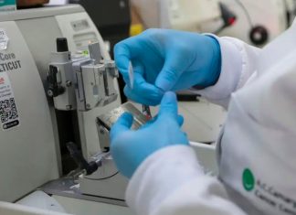 Nova Lei moderniza SUS com vacinas e terapias de ponta contra o câncer Profissional de saúde preparando vacina ou medicamento em ambiente laboratorial moderno