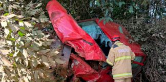Motorista escapa ileso após carro despencar de ribanceira na MG-223 Caminhonete branca danificada após cair em ribanceira de sete metros cercada por árvores na MG-223