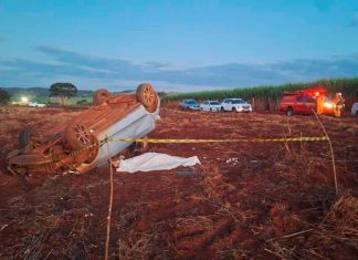 Acidente fatal na MGC-452: Mulher de 26 anos morre após capotamento em Araporã Carro prata capotado às margens da rodovia MGC-452 após acidente fatal.