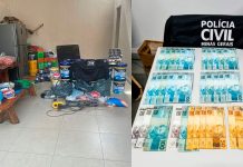 Golpe em Uberlândia: Funcionários fraudam construtora e causam rombo de R$ 200 mil Materiais de construção e tintas recuperados pela Polícia Civil empilhados em delegacia após fraude em Uberlândia.