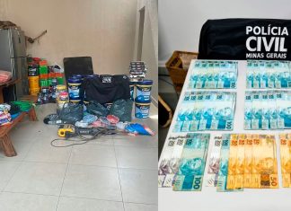 Golpe em Uberlândia: Funcionários fraudam construtora e causam rombo de R$ 200 mil Materiais de construção e tintas recuperados pela Polícia Civil empilhados em delegacia após fraude em Uberlândia.