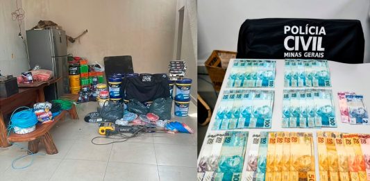 Golpe em Uberlândia: Funcionários fraudam construtora e causam rombo de R$ 200 mil Materiais de construção e tintas recuperados pela Polícia Civil empilhados em delegacia após fraude em Uberlândia.