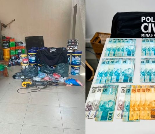 Golpe em Uberlândia: Funcionários fraudam construtora e causam rombo de R$ 200 mil Materiais de construção e tintas recuperados pela Polícia Civil empilhados em delegacia após fraude em Uberlândia.