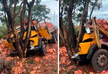 Caminhão de tijolos desvia de ambulância, bate em árvore e deixa dois feridos na BR-365 Caminhão carregado de tijolos danificado após colidir contra árvore na margem da rodovia BR-365.