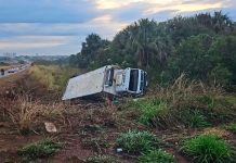 Caminhão com carga de carne tomba em vala na MGC-497 em Uberlândia Caminhão carregado com carne dentro de uma vala às margens da rodovia MGC-497 em Uberlândia, cercado por equipes de resgate.