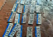 Settran recolhe placas perdidas na chuva em Uberlândia; saiba como recuperar Mesa com várias placas de identificação de veículos cinzas e mercosul organizadas pela Settran para devolução após as chuvas.