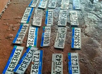 Settran recolhe placas perdidas na chuva em Uberlândia; saiba como recuperar Mesa com várias placas de identificação de veículos cinzas e mercosul organizadas pela Settran para devolução após as chuvas.