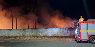 Fumaça e pânico: Série de incêndios em terrenos baldios mobiliza bombeiros em Araguari Bombeiros combatendo incêndio de grande proporção em terreno baldio com fumaça densa em Araguari.
